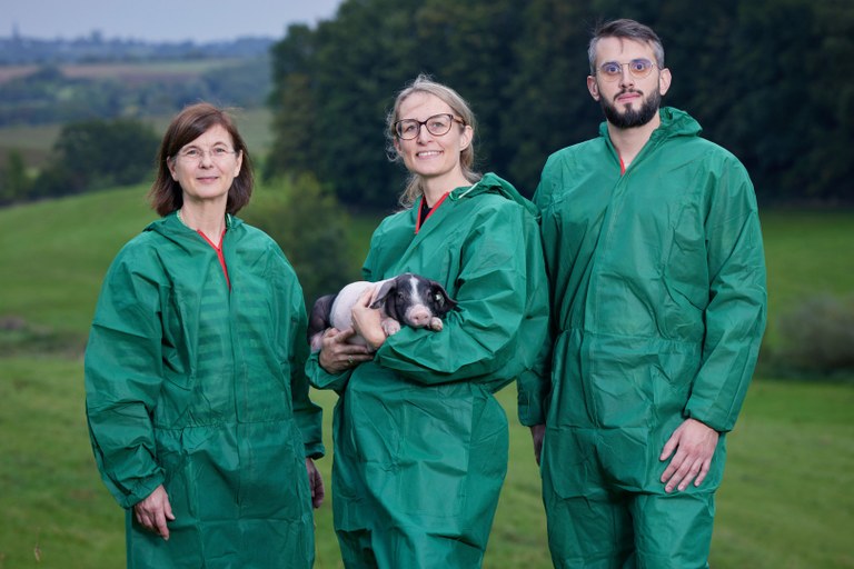 Das Team in Hygiene-Schutzkleidung und mit Ferkel